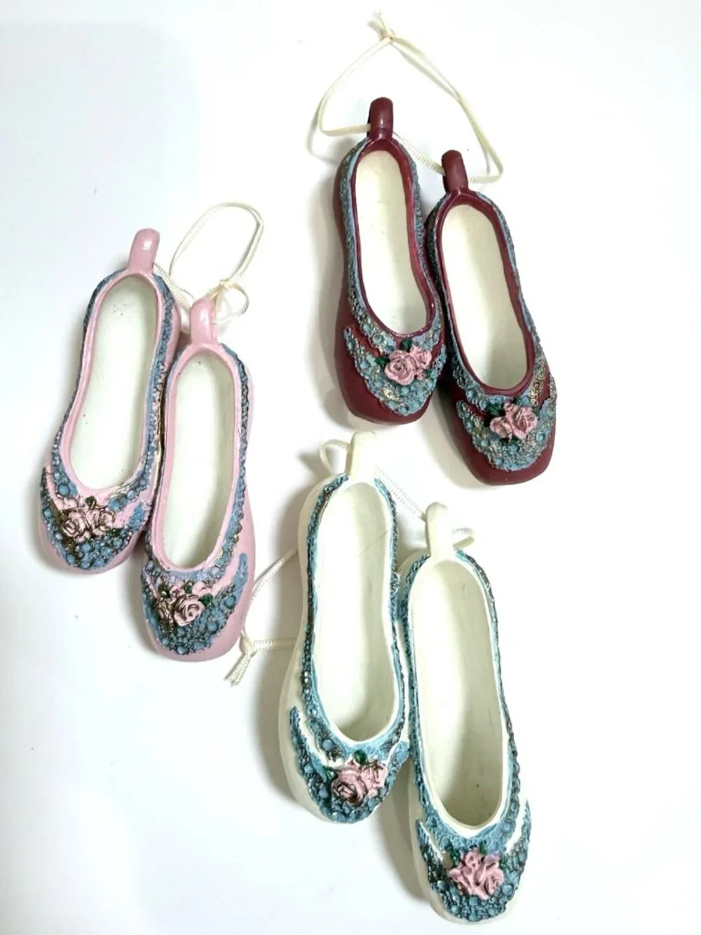 Lot of 3 Hanging Ballet Shoe Christmas Ornaments Floral Multicolor Vintage